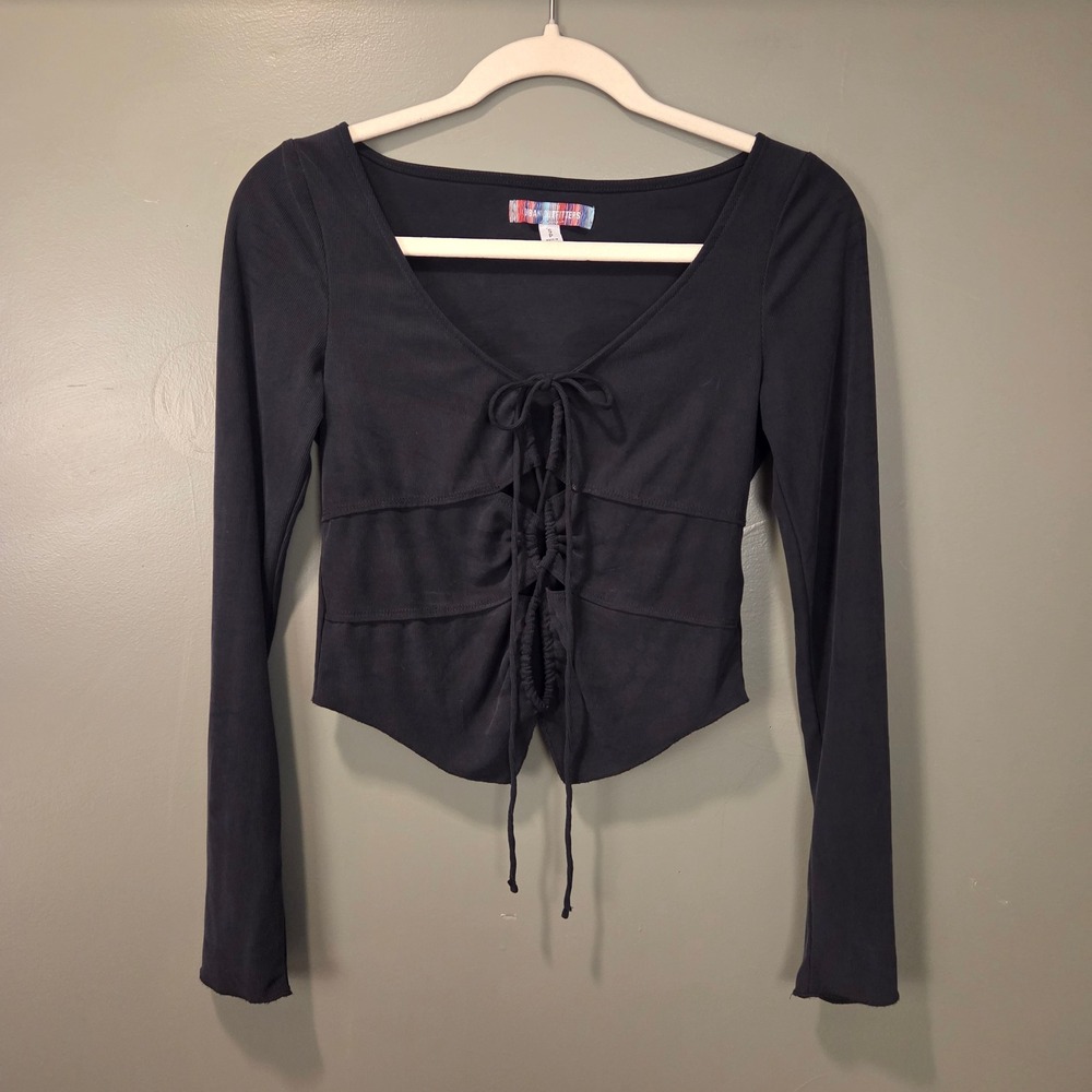 Urban Outfitters Women's Chest Cutout Ribbed Tie Front Crop Top Size S Navy Blue